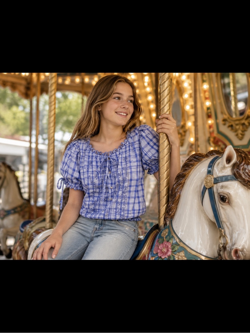 Plaid embroidered eyelet trimmed top